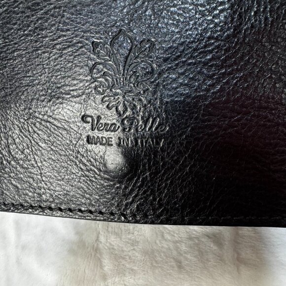 Vera Pelle Italian Black Leather Small Crossbody Purse Adjustable Strap Zipper - Picture 2 of 16